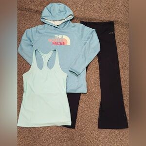 The North Face Blue Hoodie and Under Armour Tank with Black North Face Leggings
